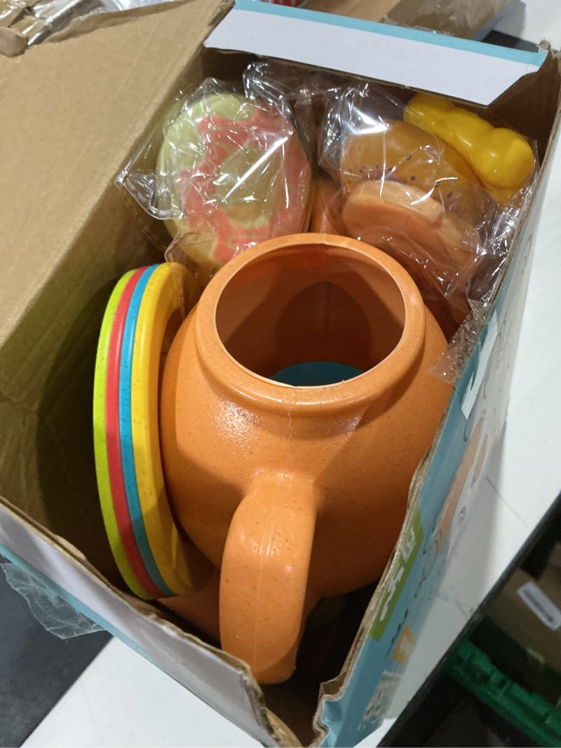 Condition photo showing Good Condition for buyger play kitchen accessories, play dishes plates and utensils tea party set food dessert toys gifts for ages 3 4 5+ years old kids toddler children with storage box