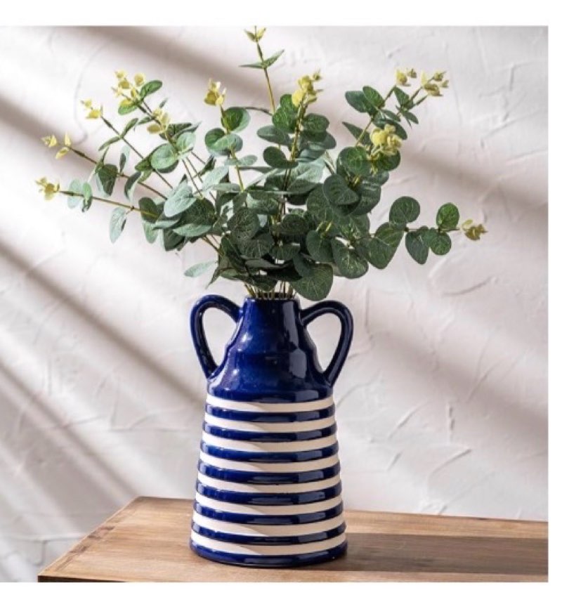 Ceramic Blue and White Checkered Stripes Vase with Handles, Modern Bohemian Floral Navy Blue Vases f