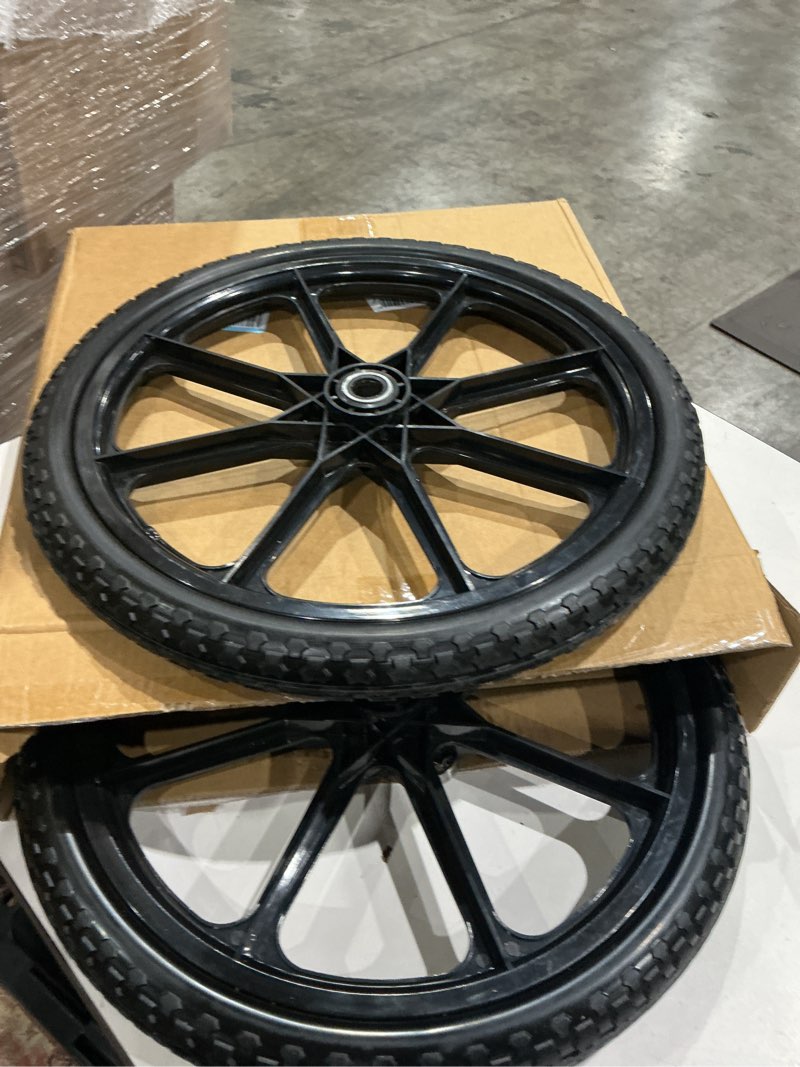 Condition photo showing Good Condition for 20” flat free wheelbarrow wheels and tires, with 2.45” centered hub, 5/8” extra 3/4”bearing, compatible with rubbermaid wheelbarrow wheels, garden carts (2 pcs) (black)