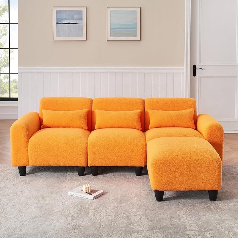 The 84.6-inch Orange Teddy Fleece Creative Sofa can be Assembled into a Two-Seater Sofa with a Single Couch with Three Waist Pillows to Perfectly Stretch Your Waist for Small Apartment Bedroom Spaces