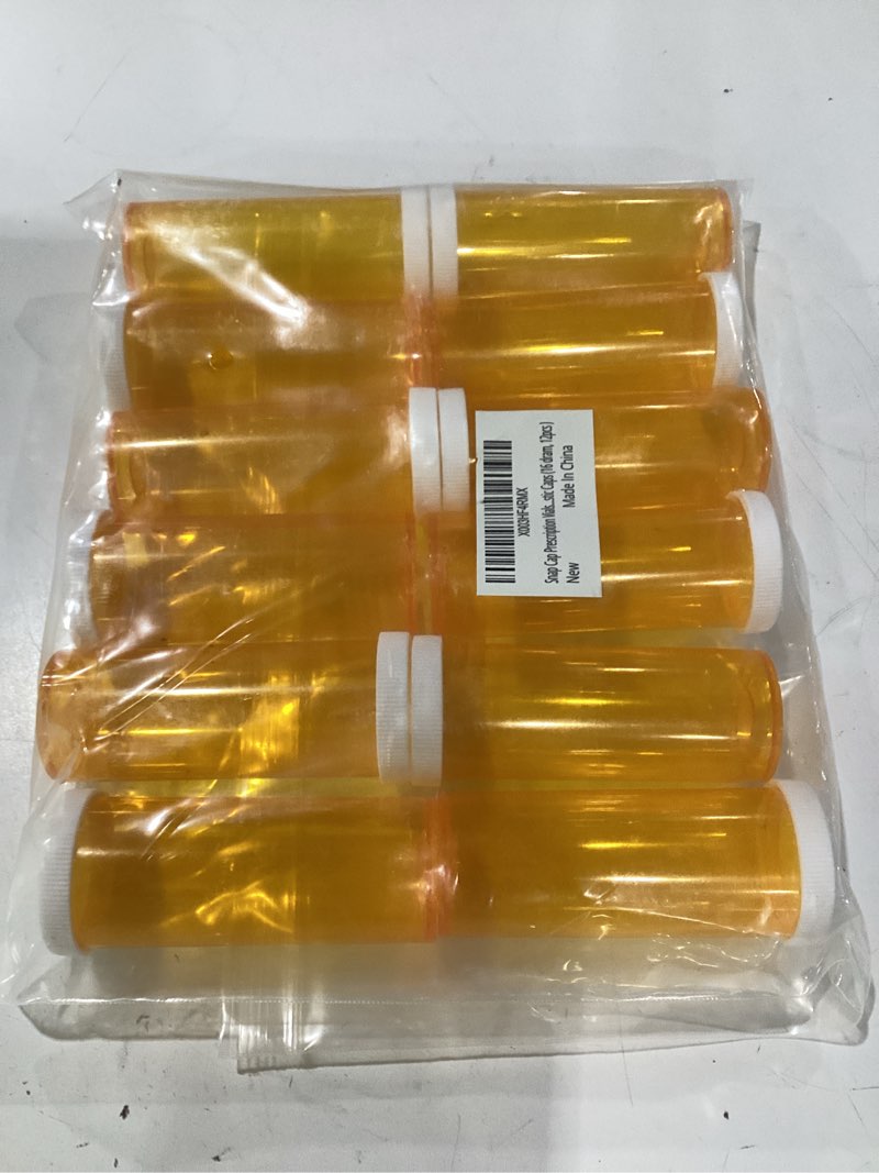 Condition photo showing Good Condition for snap cap prescription vials, amber medicine containers, bottles easy open pill organizers, empty with plastic caps (16 dram, 12pcs)