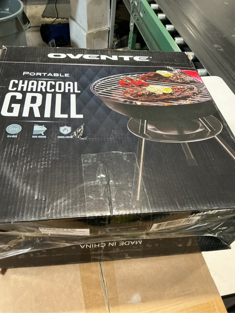 Condition photo showing As Is for ovente 14-inch portable charcoal grill, dual venting system, red gqr0400br | durable, lightweight, and easy-to-use small barbecue griller for backyard, patio, camping, picnic, and parties