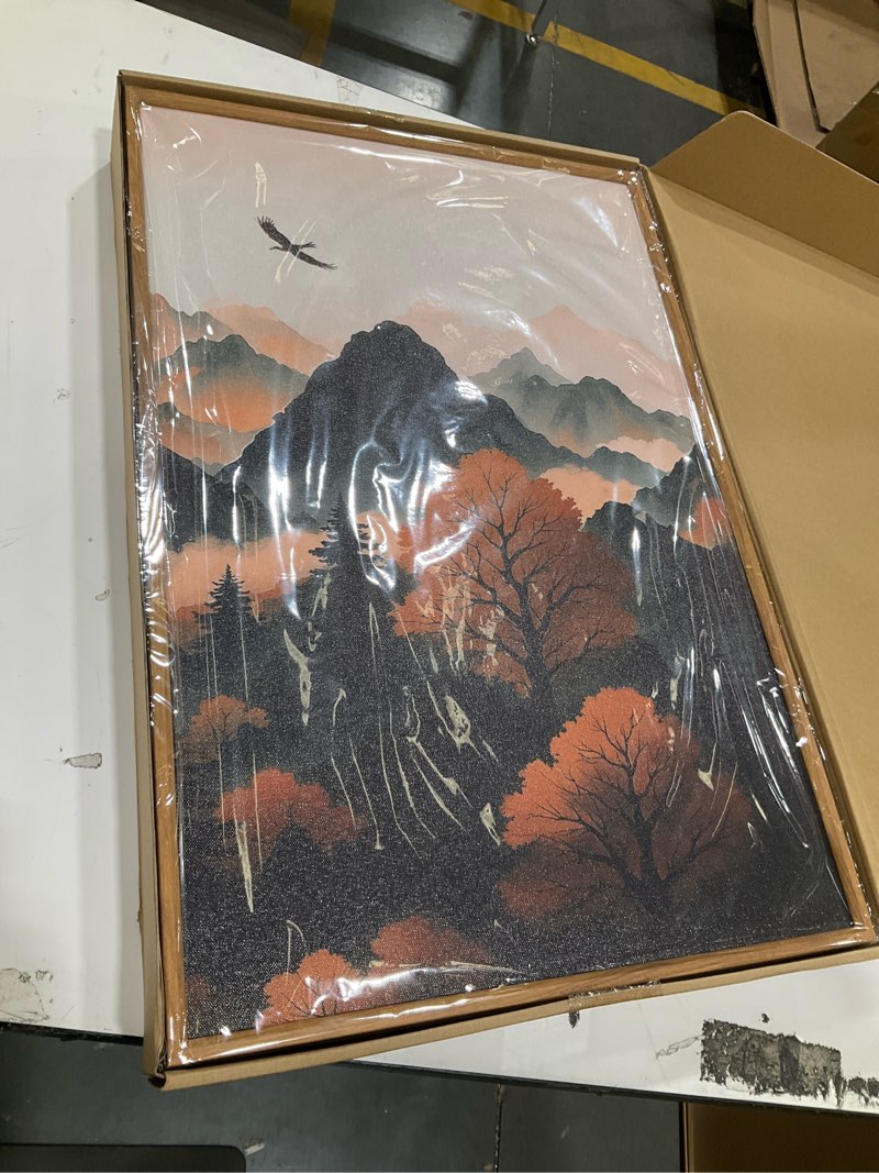 Condition photo showing New/Like New for celestdeco large boho mountain framed canvas wall art set,brown ridge landscape wall decor,pine tree scenery wall painting, sunrise abstract wilderness art print for living room,bedroom,office-16"x24"x3 brown ridge landscape wall art 16"l x 24"w