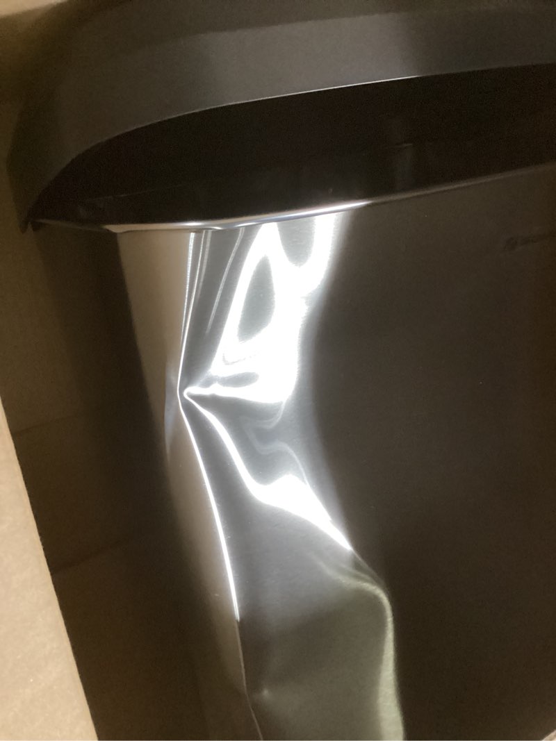 Condition photo showing As Is for Amazon Basics Smudge Resistant Small Rectangular Trash Can With Soft-Close Foot Pedal, Brushed Stainless Steel, 12 Liter/3.1 Gallon, Satin Nickel Finish, 11.3"L x 9.9"W x 15.1"H ['Satin Nickel'] ['12 Liter']