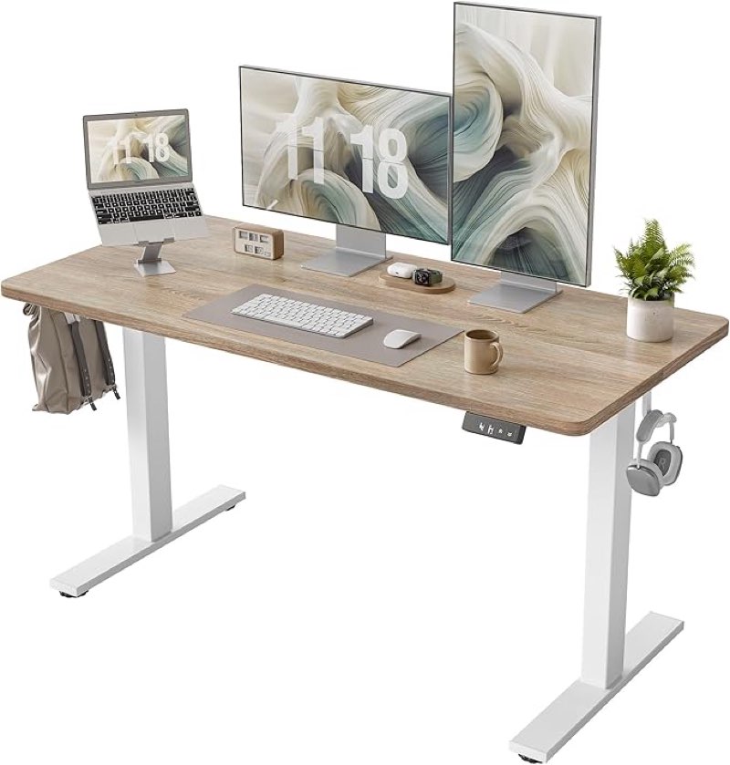 tiqlab height adjustable electric standing desk, 55 x 24 inch, sit stand up desk, splice board, computer home office desk, white frame/maple top