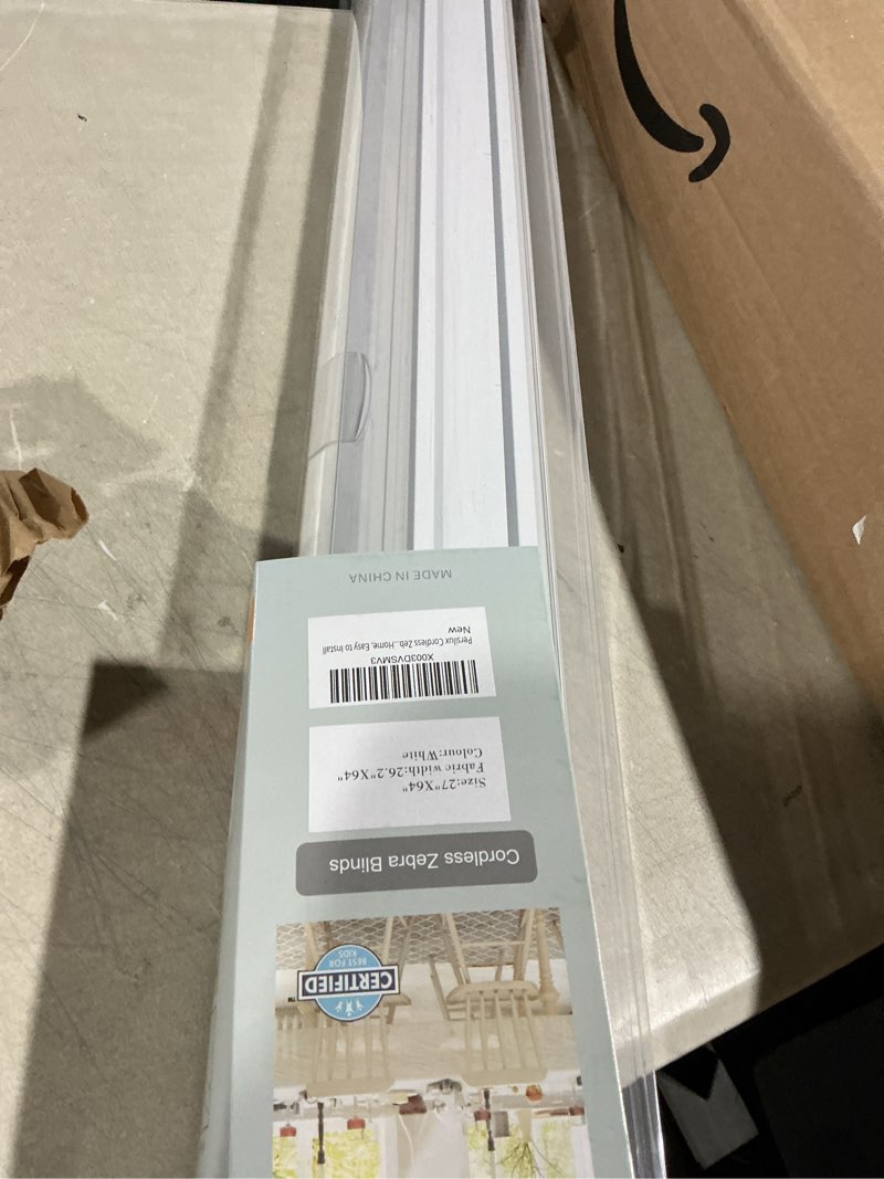 Condition photo showing As Is for persilux cordless zebra blinds for windows (27" w x 64" h, white) free-stop roller windows shades dual layer light control for day and night, light filtering sheer shades for home, easy to install 27"w x 64"h white