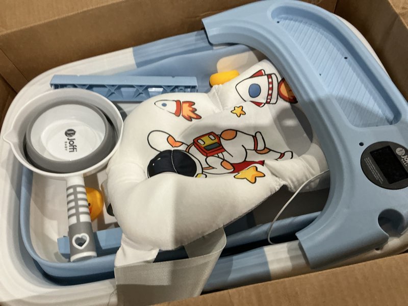 Condition photo showing As Is for collapsible baby bathtub for newborn infant girl & boy 0-24 months, foldable portable bathtub with thermometer, heat sensor, drain plug, water scoop, cushion pillow, compact travel bath tub for shower blue