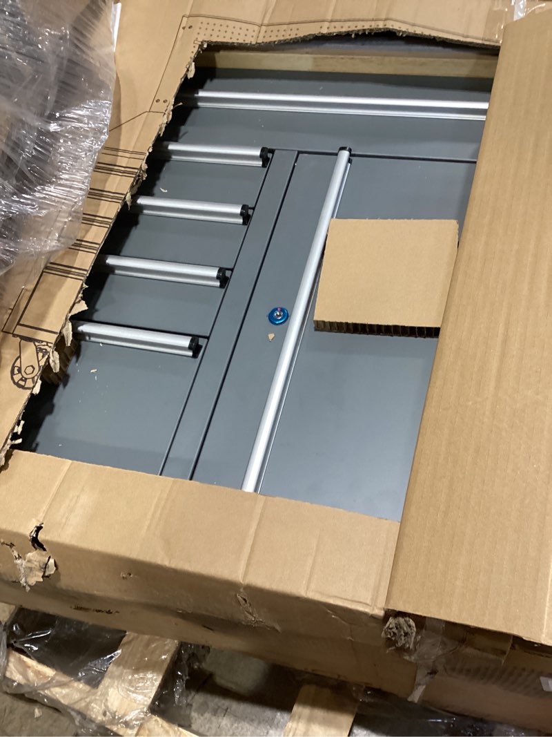 Condition photo showing Good Condition for husky 61 in. w 23 in. d 10-drawer 1-door mobile workbench with solid wood top and flip-up pegboard in textured black