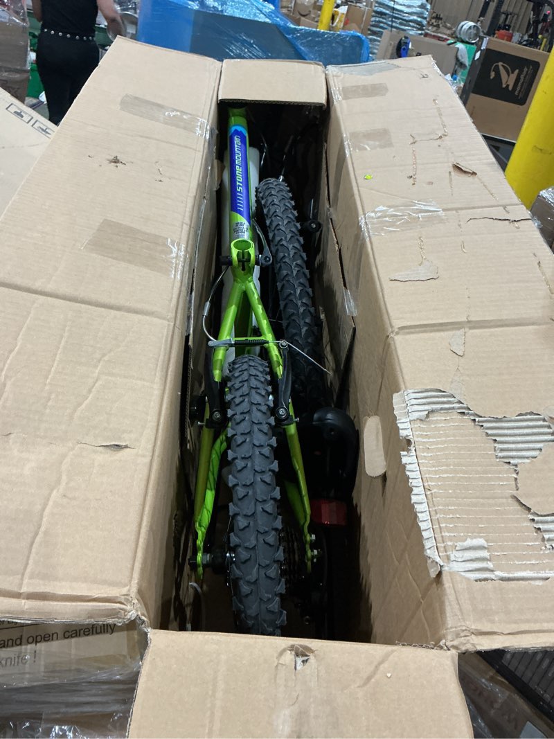 Condition photo showing As Is for huffy stone mountain bike for men and women, 20”/24”/26”, 6-speed (20”) or 21-speed, front or dual suspension (varies), multiple colors, adjustable saddle, shimano equipped, all-terrain tires matte lime 20 inch