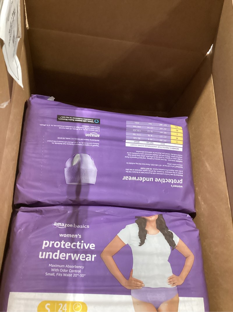 Condition photo showing New/Like New for Amazon Basics Incontinence Underwear for Women, Protective, Disposable, Postpartum, Maximum Absorbency, Small, Lavender, 72 Count (3 Packs of 24) Small 72