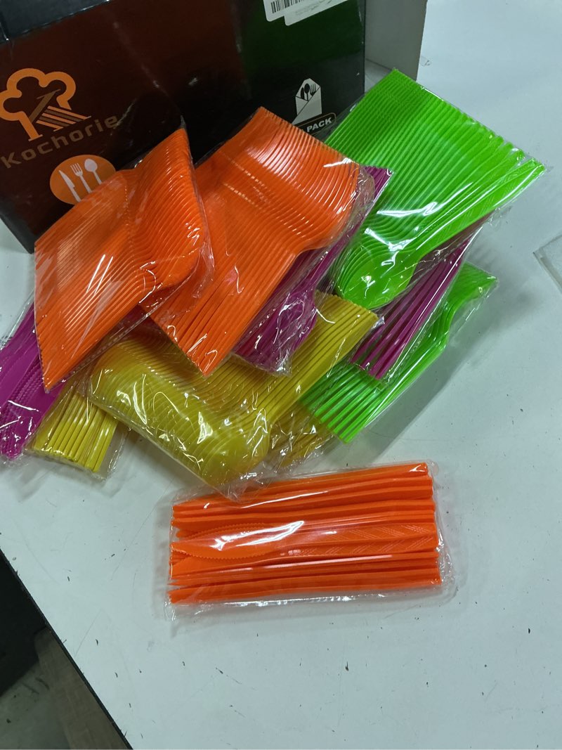 Condition photo showing New/Like New for kochorie 360 pieces neon party plastic cutlery set disposable colorful plastic utensils heavy duty flatware set includes 120 knives 120 forks 120 spoons for party birthday wedding neon color 360