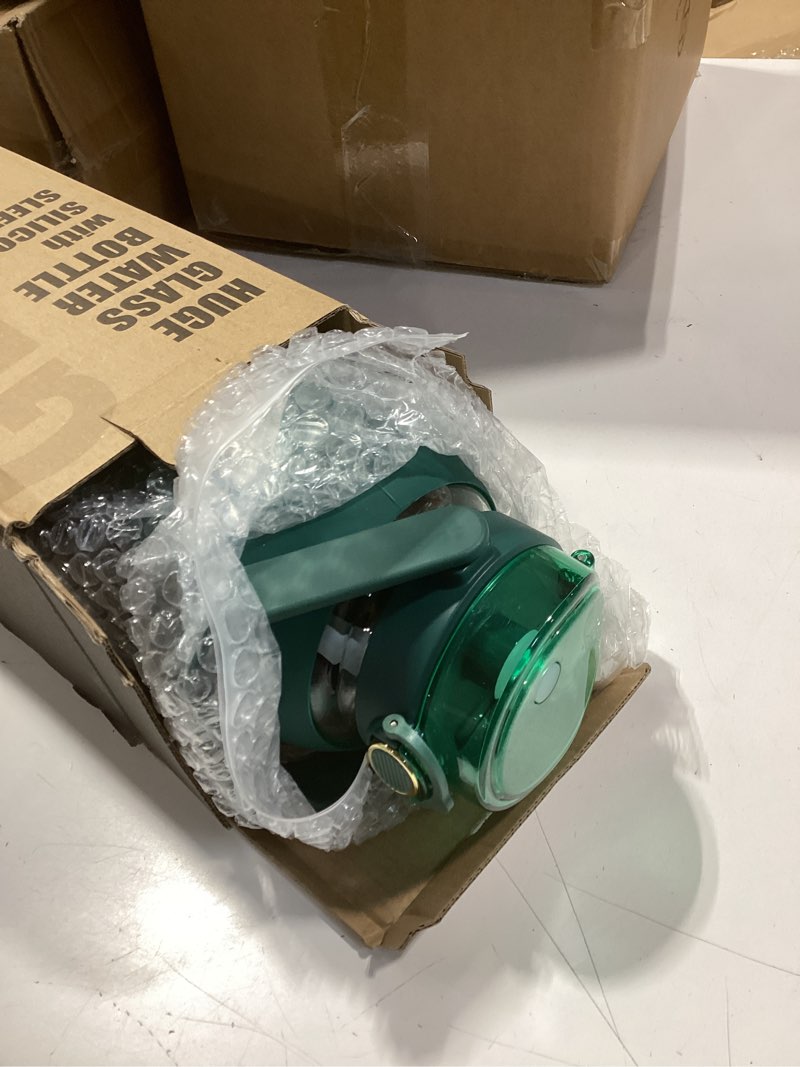 Condition photo showing Good Condition for 64oz glass water bolttles with straw half gallon large motivational water bottle with time marker sports water bottles with silicone sleeve and handle lid water jug for gym workout 64 ounces dark green