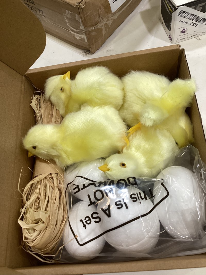 Condition photo showing Good Condition for 9 pcs spring easter chicken decoration set 4 pcs realistic plush little chick figurine fluffy chicks 4 pcs craft foam egg 1 bag yellow easter grass for photography diy crafting easter hunt party