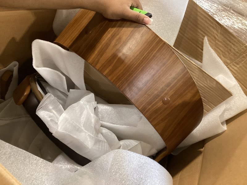 Condition photo showing As Is for armen living shelly 26" seat height mid century modern swivel bar stool for kitchen island counter in brown faux leather and walnut wood brown/walnut 26" seat height 1