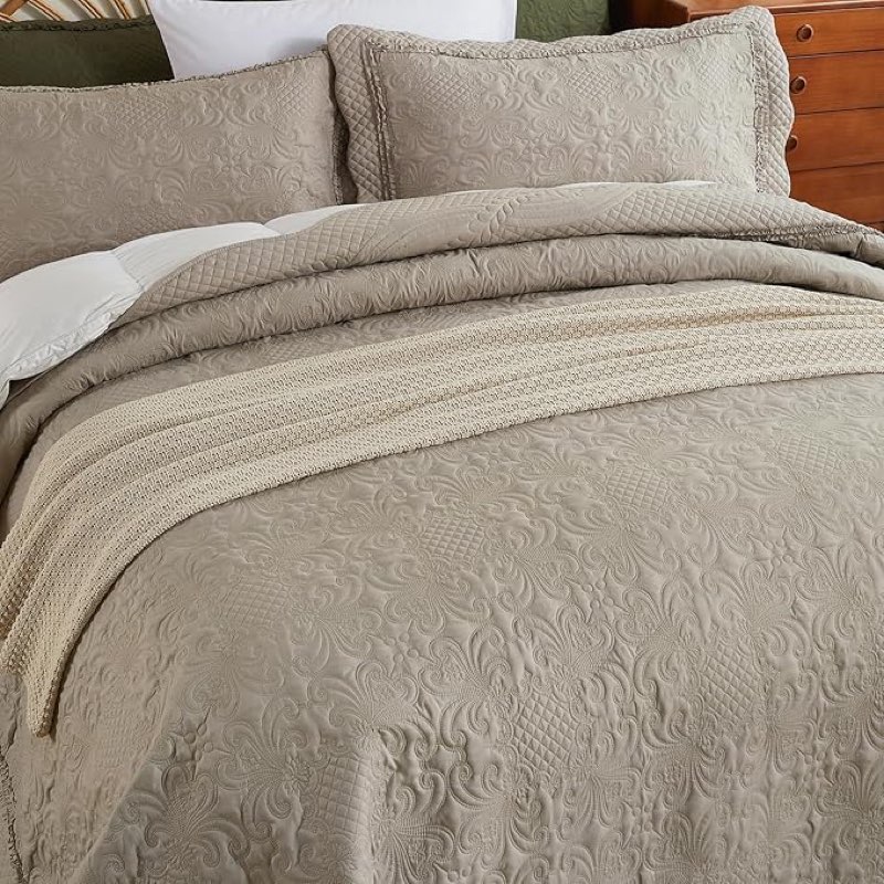 evenhug oversized quilts set king size 3 piece bedding set reversible bedspread with 2 pillow shams coverlet lightweight soft bed cover for all season(120"x120",beige taupe)