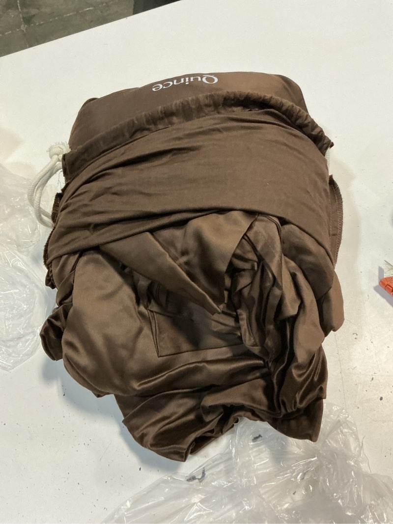 Condition photo showing As Is for quince signature giza cotton sateen sheet set, full, espresso