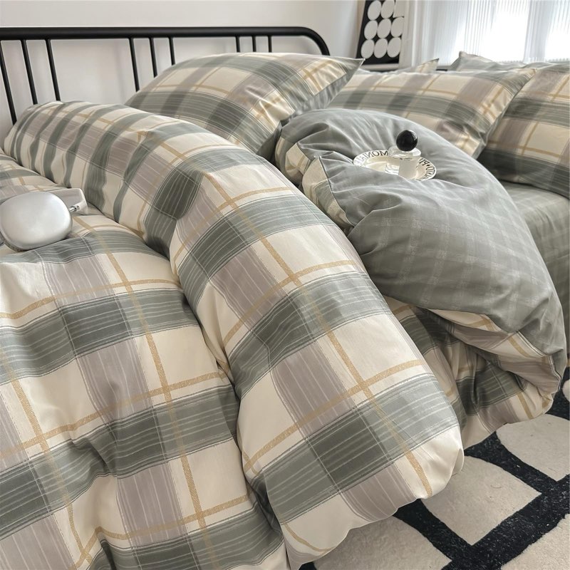 VM VOUGEMARKET Plaid Bed100% Cotton Green Grid Duvet Cover Set,Modern Men Boy's Comforter Cover with Zipper Closure