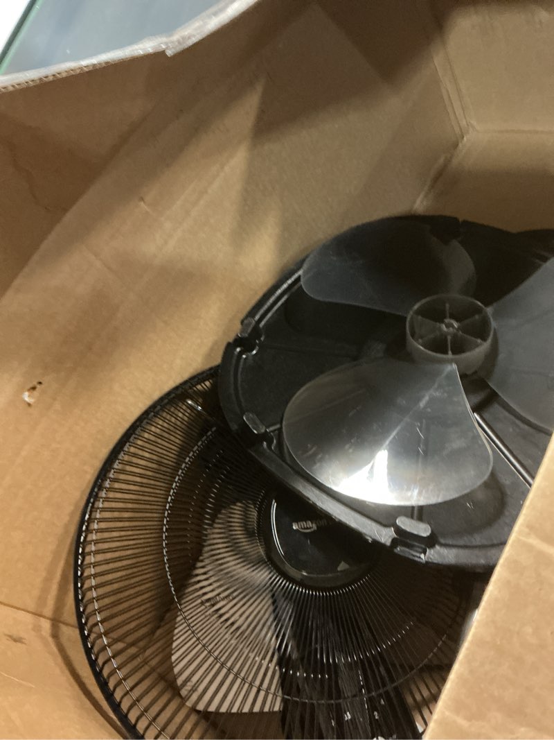 Condition photo showing As Is for amazon basics 16" pedestal fan with remote, floor fan, standing fan for bedroom, living room, office, with 3 speeds, 3 modes, timer, dual-layered blades, adjustable height, tilt head, 60w, black 3-speed, ac motor