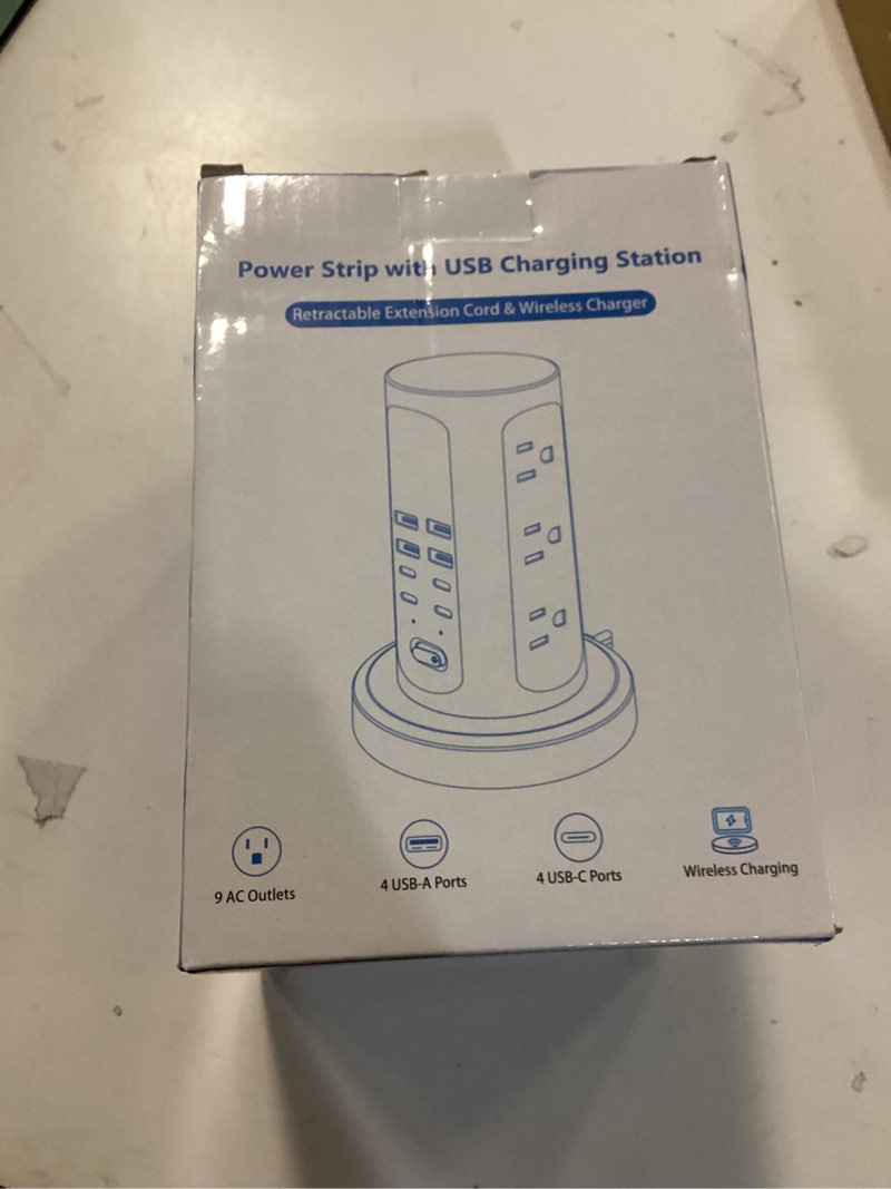 Condition photo showing New/Like New for power strip tower, kakyanill surge protector tower 9 ac outlets 8 usb (4 usb c), 6 ft retractable extension cord, charging station for office dorm room, white white usb 4.8a total