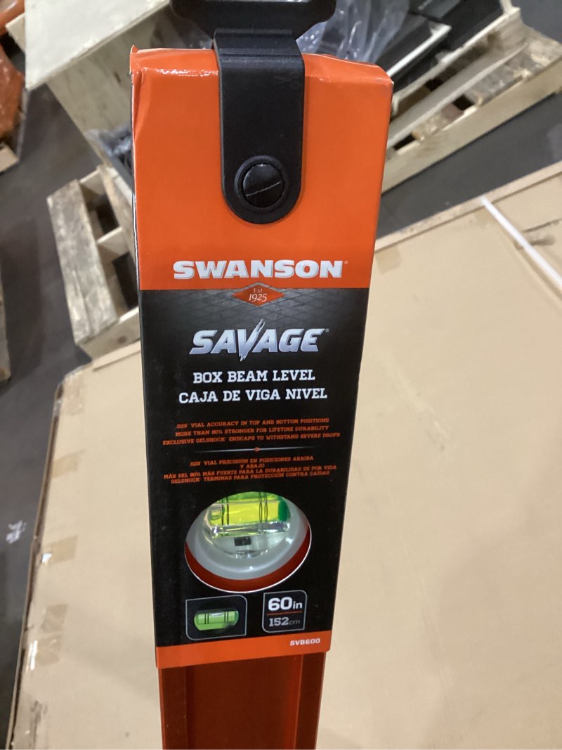 Condition photo showing New/Like New for Swanson Tool Co SVB600 60-Inch Savage Anodized Aluminum Box Beam Level with Gelshock End Caps and 3 Bubble Vials for 0°/90°/45° Measurements - Contractor Series 60" Professional Box Beam Series Levels 60" (inches)