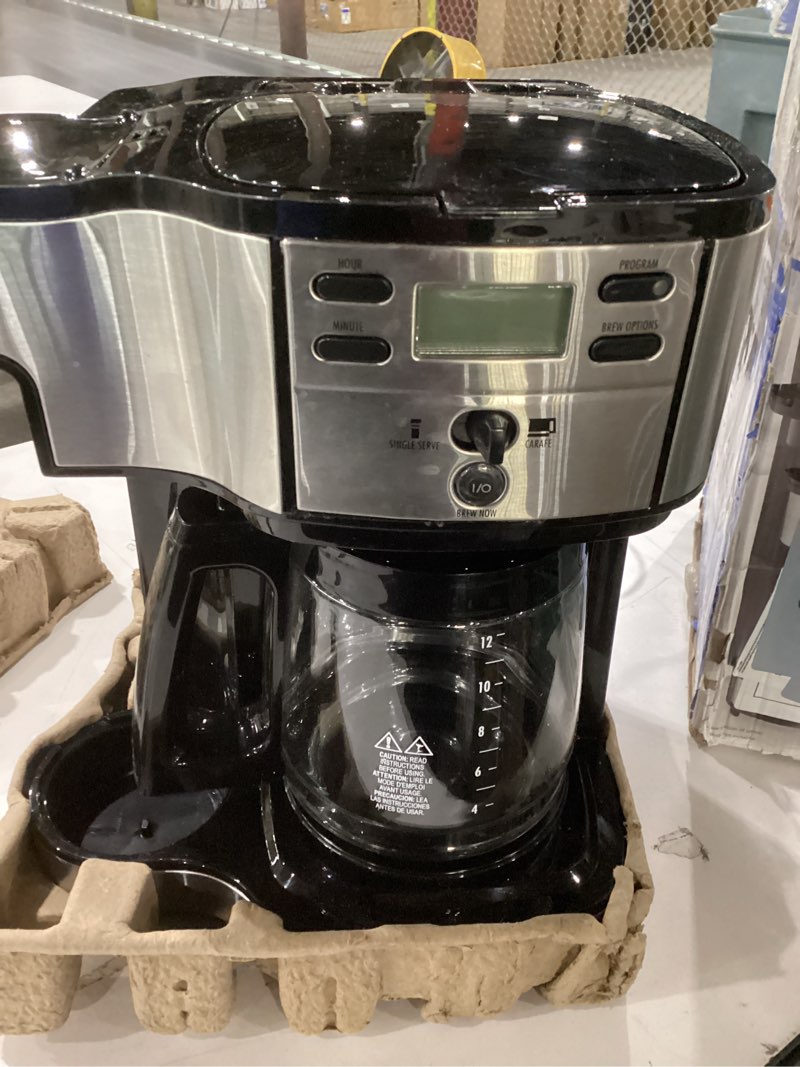 Condition photo showing As Is for NOT TETED Hamilton Beach 2-Way Programmable Coffee Maker, 12 Cup Glass Carafe And Single Serve Coffee Maker, Black with Stainless Steel Accents, 49980RG 12 Cup Black