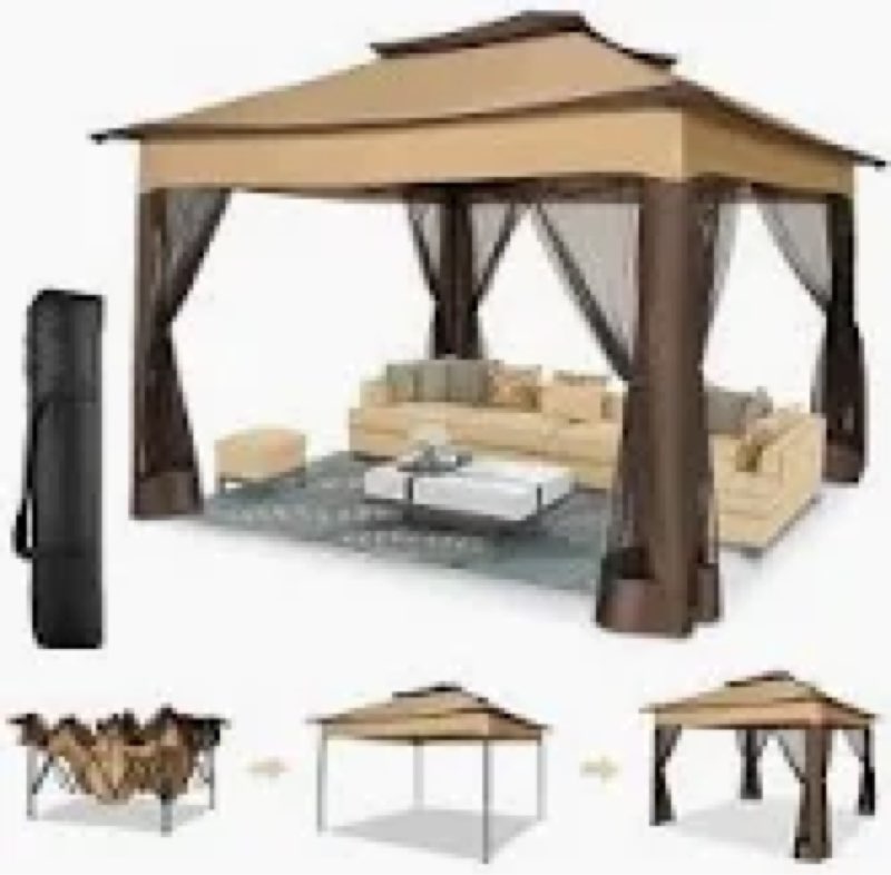 pop up gazebo, outdoor instant canopy tent w/4 netting sidewall & auto extending eave, patio gazebos shelter w/mesh wall, center lock, wheeled bag for garden, yard, party, deck