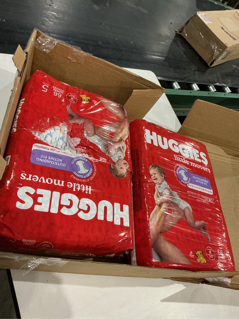 Condition photo showing As Is for huggies size 5 diapers, little movers baby diapers, size 5 (27+ lbs), 132 count (2 packs of 66), packaging may vary size 5 132