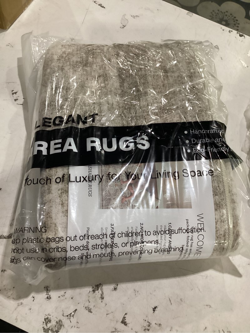 Condition photo showing Good Condition for soalmost abstract rug 5x7 washable area rugs for living room, beige/gray | vintage non-slip indoor accent for bedroom dining, foldable stain resistant floor carpet mat under table home office decor beige/gray 5' x 7' (rectangular)