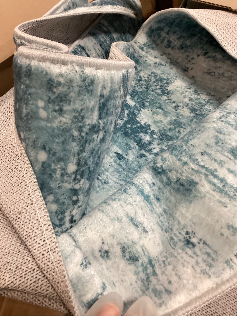 Condition photo showing New/Like New for 5x7 abstract area rugs for living room, modern teal grey washable indoor rug for bedroom, thin soft large non-slip carpet for dining room home office farmhouse decor - teal+gray 5 x 7 ft teal+grey