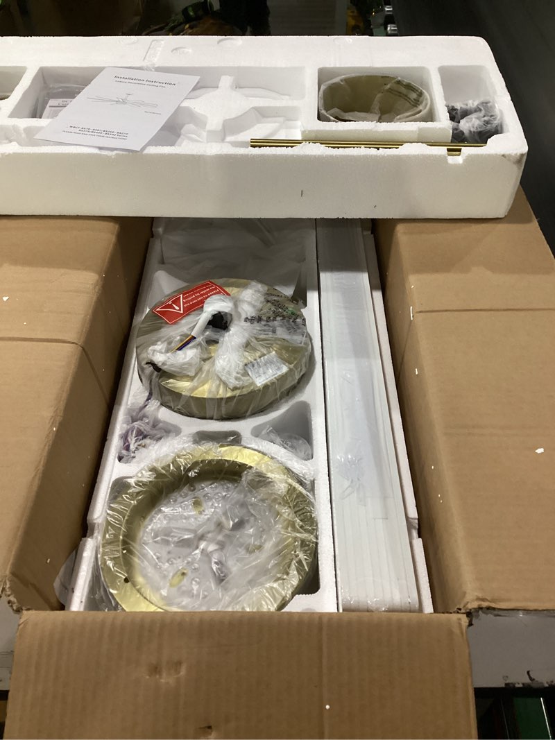 Condition photo showing New/Like New for 64" Ceiling Fan with Light, 6-Speed Remote Control, Reversible DC Motor, Modern 9 Blades with 4.5"/12" Downrods for Home or Commercial White/Gold Gold/White