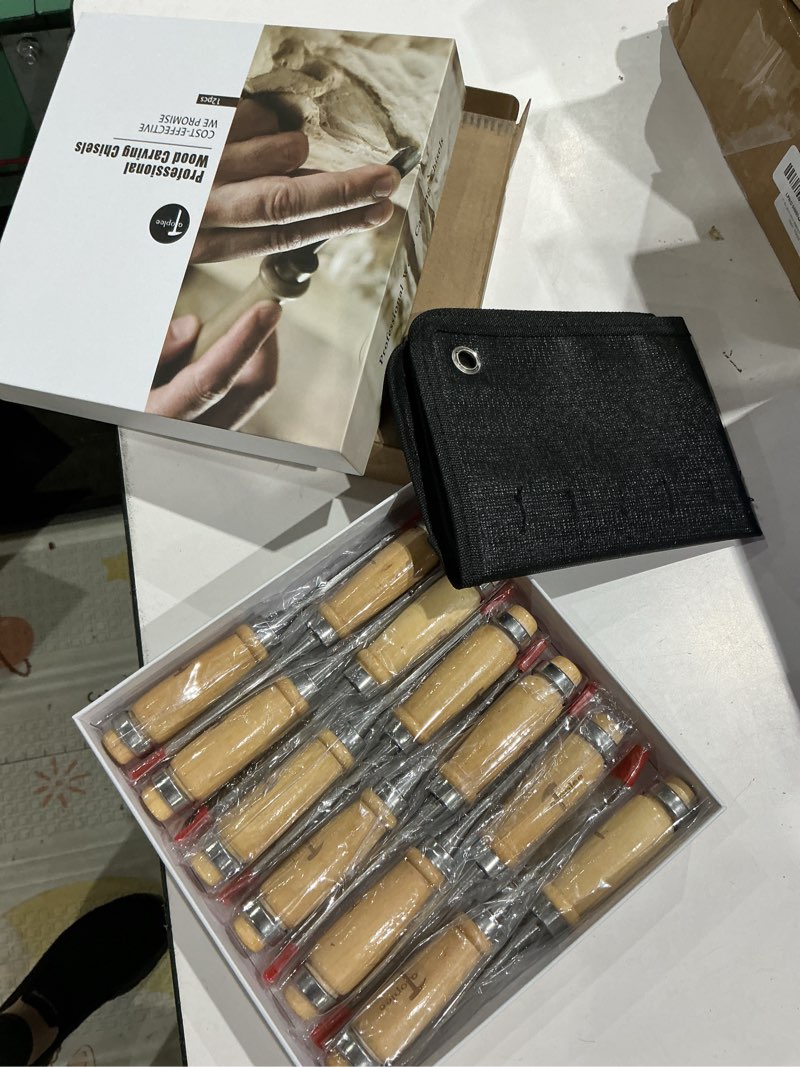 Condition photo showing Good Condition for atoplee 12pcs wood carving chisel set for woodworking, professional wood gouge tools with box and roll up bags for carpenter craftsman gift in most carving project