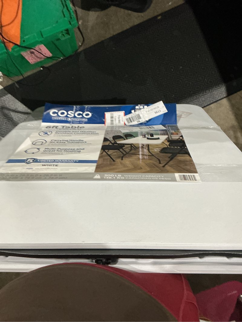 Condition photo showing As Is for cosco 6 foot premium folding table in white speckle