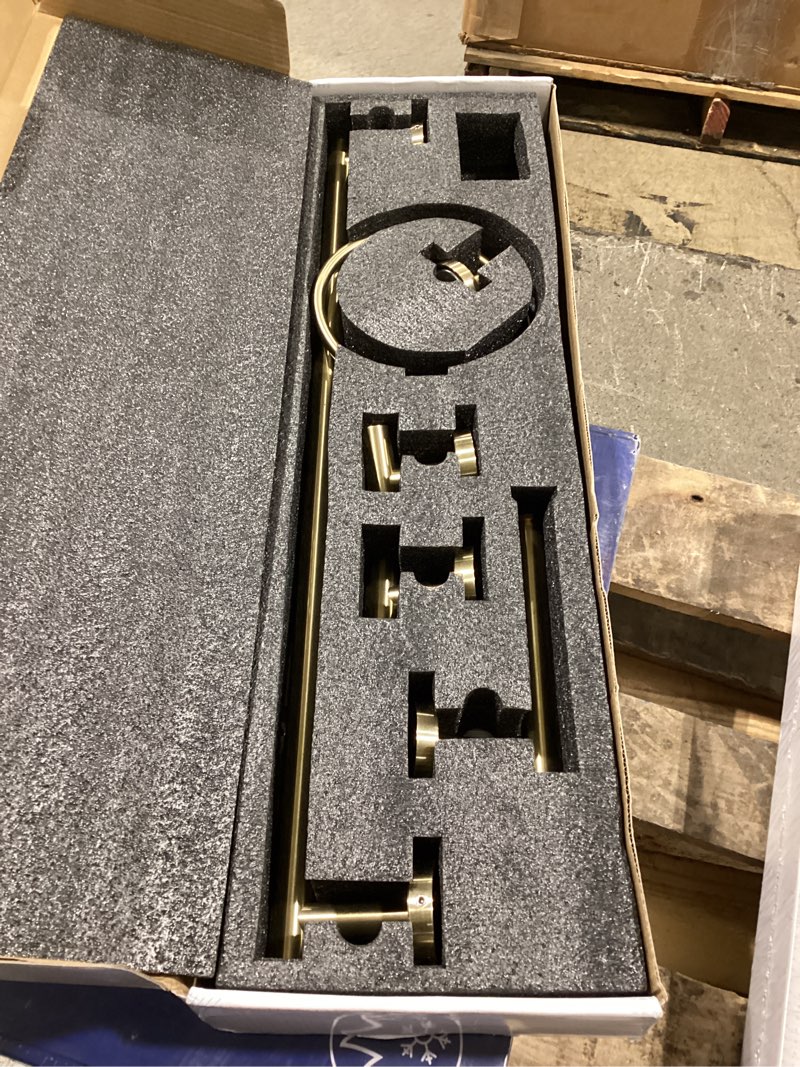 Condition photo showing As Is for 6 pieces brushed gold bathroom hardware accessories set hand towel ring 16&23.6 inch round towel bar toilet paper holder towel hooks 2 pieces sus 304 stainless steel,heavy duty,wall mounted brushed gold 6 piece 24"
