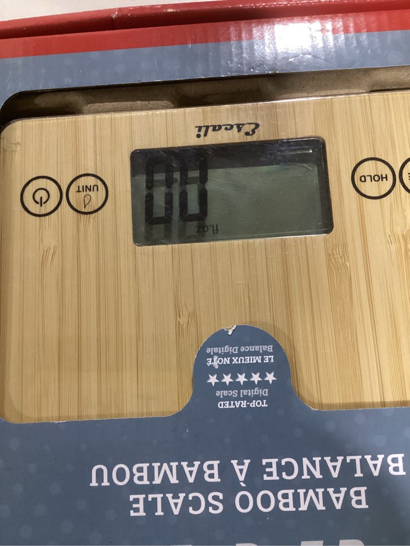 Condition photo showing New/Like New for Escali Arti Digital Food Scale, Multi-Functional Kitchen Appliance, Precise Weight Measuring and Portion Control, Baking and Cooking Made Simple, Tempered Glass, Bamboo