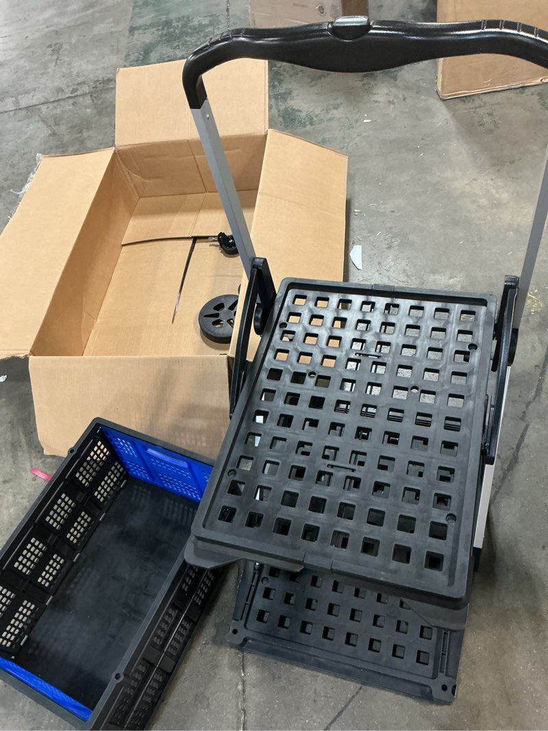 Condition photo showing As Is for 2 tier folding shopping carts for groceries, 198 lb capacity, collapsible portable grocery cart with wheels & removable crate, lightweight foldable shopping trolley for mall market, blue