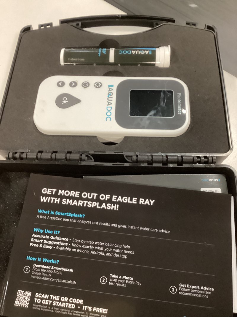 Condition photo showing Good Condition for eagle ray digital pool water test kit by aquadoc with digital water tester and 30 pool test strips for chlorine, bromine, total hardness, cyanuric acid, alkalinity, and ph