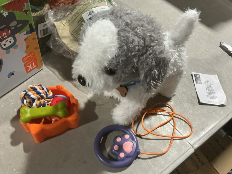 Condition photo showing Good Condition for or or tu walking barking toy dog with remote control leash, plush puppy electronic interactive toys for kids, shake tail,pretend dress up realistic stuffed animal dog age 3 4 5 6+ years old best gift grey+white