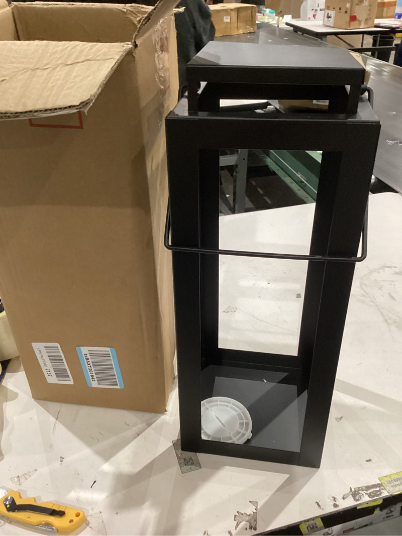 Condition photo showing Good Condition for 18" Black Metal Modern Candle Lantern – Decorative Hurricane Lantern for Indoor & Outdoor Use, Ideal for Table, Mantle, Porch, Halloween, Christmas, and Wedding Decor (No Glass Panel) Large