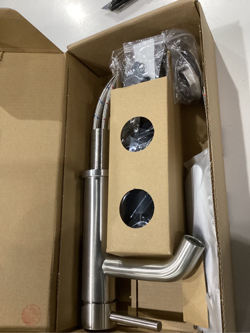 Condition photo showing New/Like New for Brushed Nickel Bathroom Faucet, WINKEAR Single Hole Bathroom Faucet with Pop-up Drain and Flexible Hoses, Single Handle for Sink, Vanity, RV, Modern Farmhouse