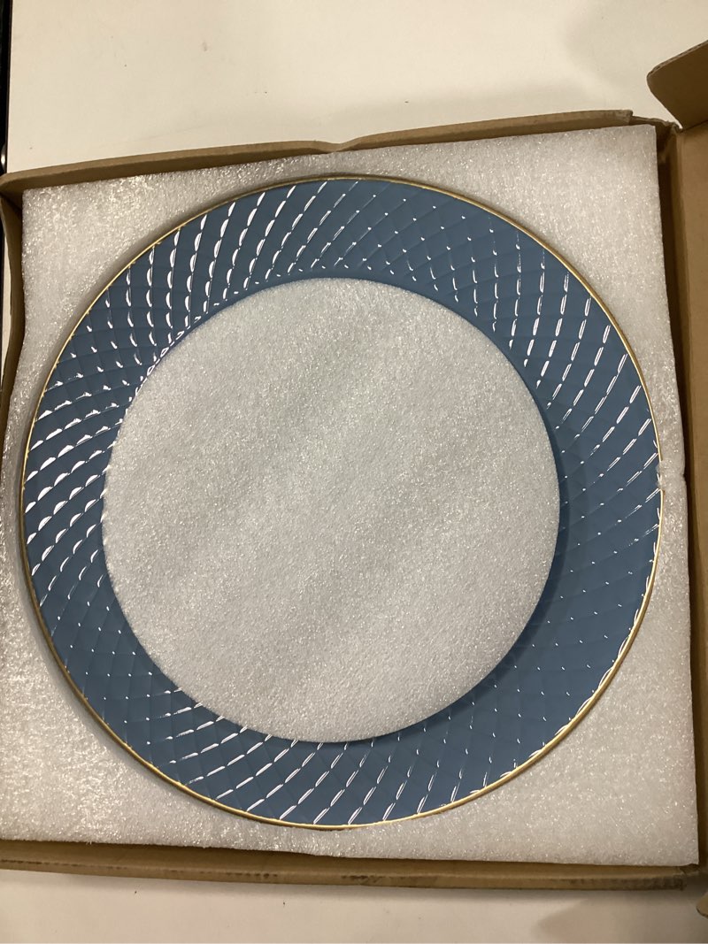 Condition photo showing New/Like New for light blue charger plates, 13" round chargers for dinner plates, plastic chargers for parties, table setting, holidays, (set of 6) baby light blue