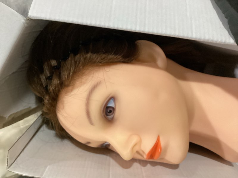 Condition photo showing Good Condition for mannequin head with 100% human hair, topdirect real hair cosmetology mannequin head hair styling hairdressing practice training doll head with clamp holder and tools (dark brown)