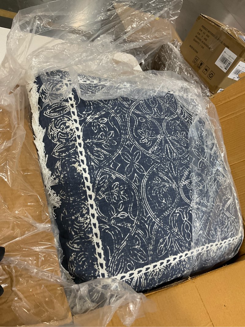 Condition photo showing As Is for Indigo Ink - Decorative Pillow, Medallion Pillow with Fringe, Throw Pillows for Couch or Bed, Boho Home Decor, 20" x 20" (White Denim Collection, Navy Blue) 20" x 20" White Denim Navy Blue