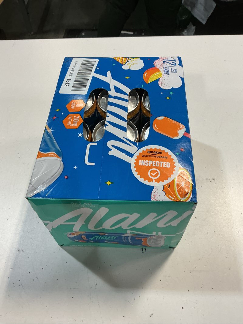 Condition photo showing New/Like New for best by 10/27 alani nu dream float, sugar free, low calorie energy drinks, 200mg caffeine, biotin, b vitamins, zero sugar, 10 calories, 12 fl oz cans, 12 pack dream float 12 fl oz (pack of 12)