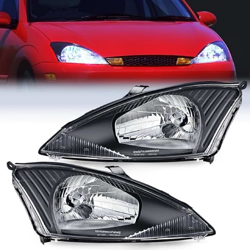 headlights assembly compatible with 2000-2004 ford focus halogen head lights, black housing