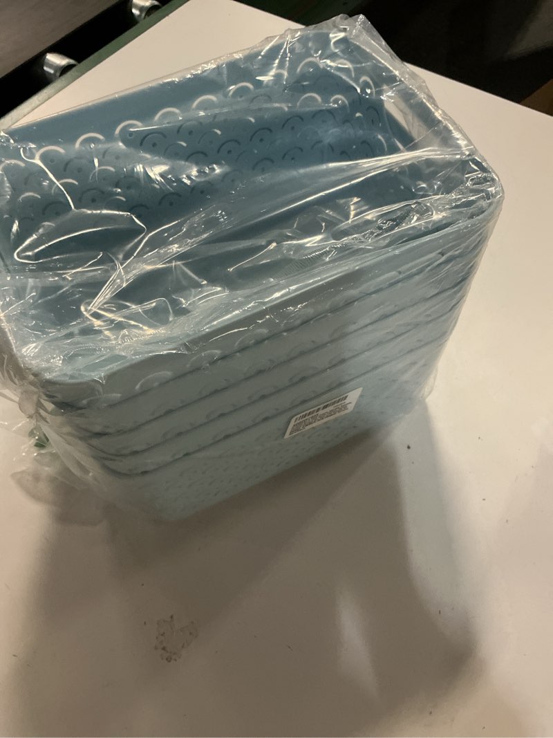 Condition photo showing New/Like New for STARVAST 5 Pack Plastic Storage Baskets, Portable Blue Fish Scale Pattern Hollow Desktop Storage Bin Box with Handle for Kitchen, Bathroom, Kids Room or Nursery Storage – 9.4 x 7.1 x 4.1 inches