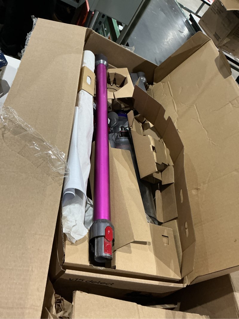 Condition photo showing As Is for dyson v15 detect plus cordless vacuum, illumination reveals dust, 240aw, 3 power modes, up to 60 minutes,² deep cleans hard floors and carpets, detangles pet hair, converts to handheld
