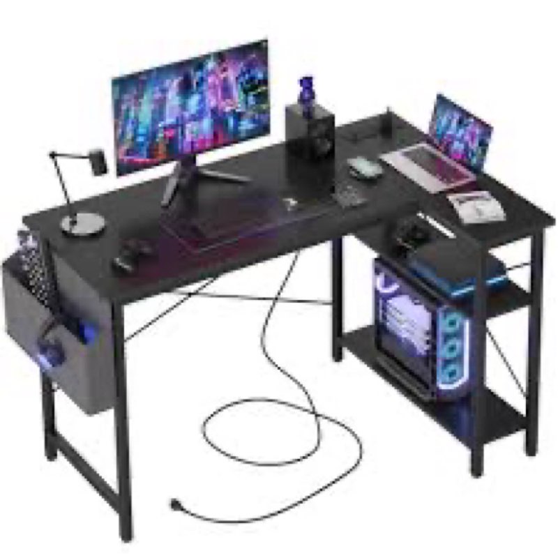 TIQLAB L Shaped Computer Desk with Power Outlets, 47 Inch Gaming Desk, Small Desk Corner Desk with R