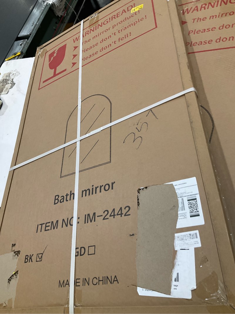 Condition photo showing Good Condition for arched wall mounted mirror, 42"x24", arch black mirror for bathroom vanity, living room or bedroom, entryway, hallway wall mirror, farmhouse decorative mirror for hanging, black, iron frame arched-matt black 24" x 42"