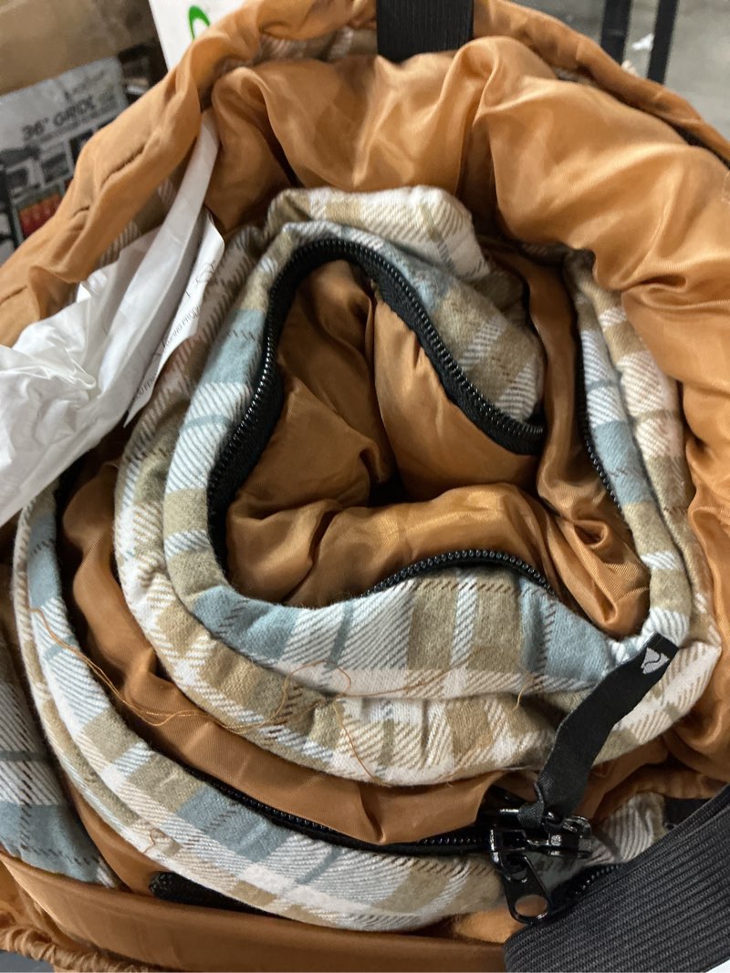 Condition photo showing As Is for ozark trail 35f flannel lined rectangle adult sleeping bag - brown (80" x 36")