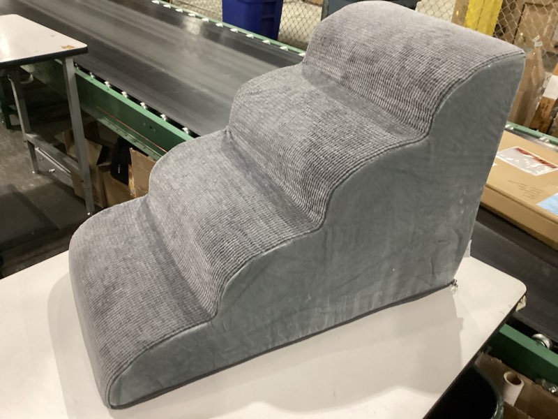 Condition photo showing Good Condition for Curved Dog Stairs Ramp for High Beds 19.7\" H, 4-Step Dog Steps for Small Dogs and Cats, Pet Stairs for High Bed Climbing, Non-Slip Balanced Pet Step Indoor, Grey Fleece-Grey 4-Step